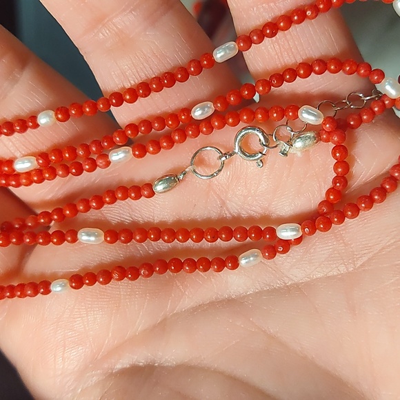Necklace,red coral, freshwater pearls,925 silver,13 inches long,w/room to grow - Picture 7 of 7